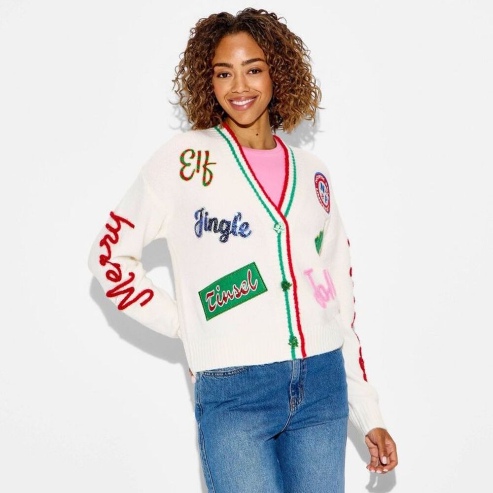 Women's Holiday Patchwork Festive Graphic Cardigan - Cream XXS